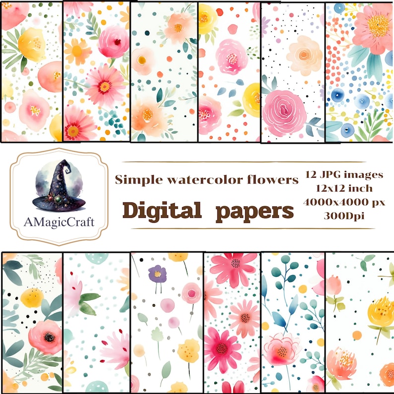 Simple Watercolor Flowers Digital Paper 12 JPG Images 12 Inches X 12 ...