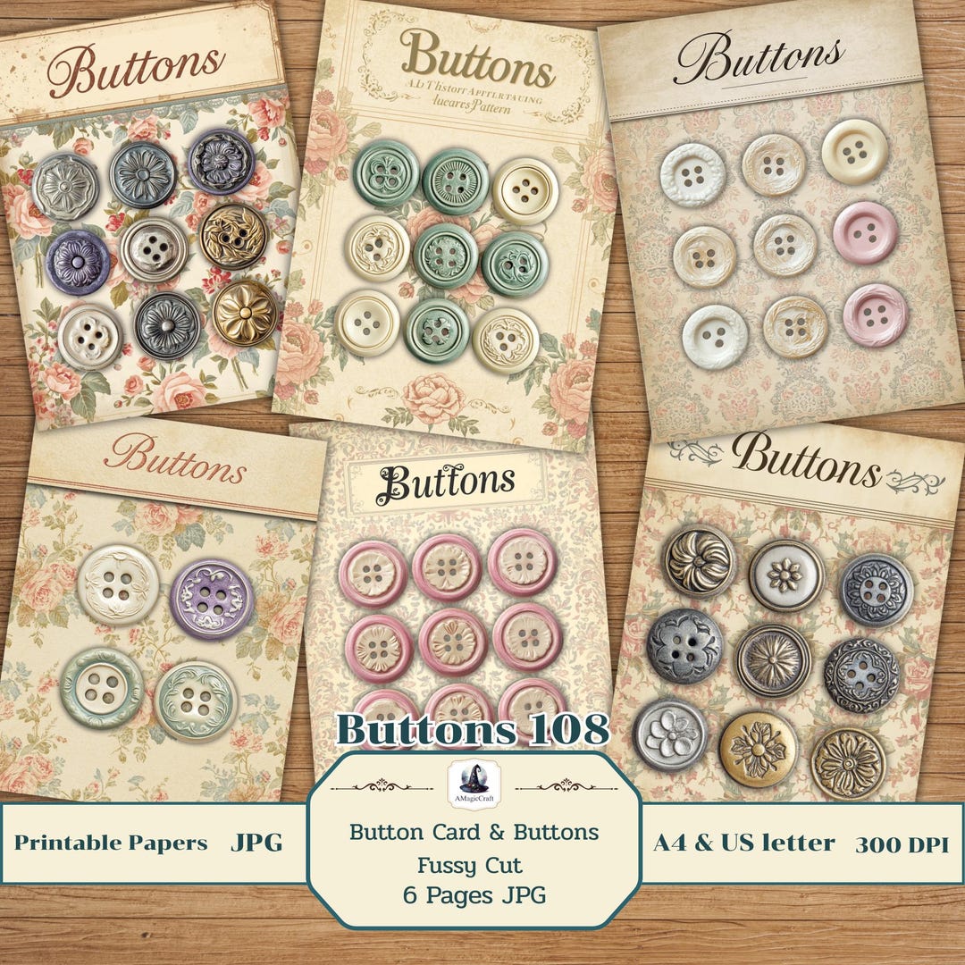Vintage Button Cards & Buttons Fussy Cut Kit Printable A4 and Usletter ...