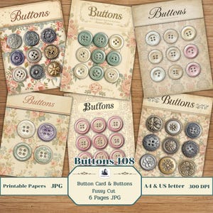 May include: Assortment of vintage-style buttons on decorative cards. The cards feature floral patterns and the word "Buttons". The buttons are in various colors and designs, including pearl, metal, and pastel shades. The image also includes text that says "Buttons 108".