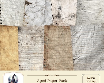 May include: A collection of aged paper sheets featuring various textures including lined, grid, and blank surfaces. The papers display distressed details such as dark ink splatters, creases, and brown stains. Text includes Aged Paper Pack, Printable paper, 16JPG, 300 Dpi, A4 & US letter.