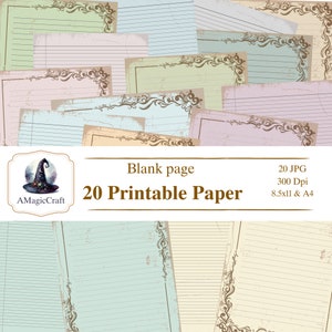May include: A collection of 20 printable paper sheets in various pastel colors, including blue, pink, and yellow. Each sheet features lined paper with a decorative border and a distressed, vintage aesthetic. The image includes text that reads "Blank page 20 Printable Paper".