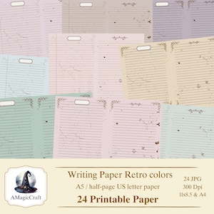 Può includere: Una collezione di 24 fogli di carta da scrittura stampabili in colori retrò, tra cui rosa, beige e verde-azzurro. Ogni foglio presenta carta a righe con un aspetto vintage e usurato, e una piccola etichetta in alto. Il testo sull'immagine dice "Writing Paper Retro colors".