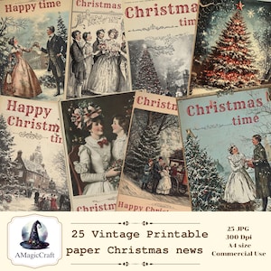 お気に入りの本を飾るための、印刷可能なビンテージ紙のクリスマス ニュース。A4 サイズでご利用いただけます。