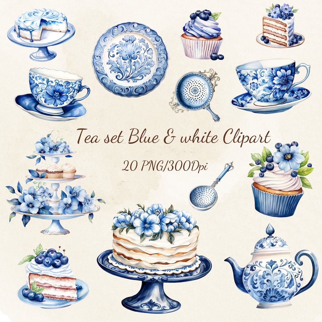 Tea Set Blue&white Clipart 20 PNG 300 Dpi Digital Download - Etsy