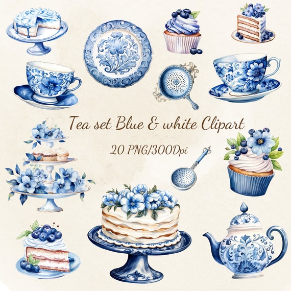 Tea Set Blue&white Clipart 20 PNG 300 Dpi Digital Download