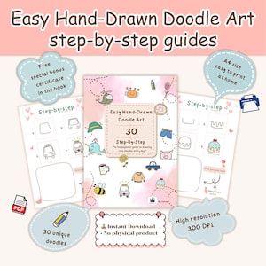 May include: A set of step-by-step doodle art guides. The cover displays "Easy Hand-Drawn Doodle Art" and "30 Step-By-Step" instructions. Includes a free bonus certificate and is A4 size for easy printing at home.