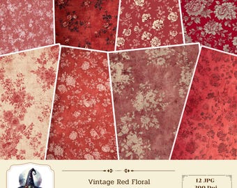 Paquete de papel vintage rojo floral para diario basura: Romance rústico (JPGs A4 y Carta EE. UU.)