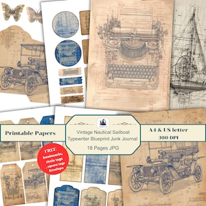 May include: A collection of vintage-style printable papers with blueprint designs. The papers feature illustrations of a typewriter, sailboat, and antique car. Includes bookmarks, tags, and envelope templates. The text on the papers reads "Printable Papers" and "Vintage Nautical Sailboat Typewriter Blueprint Junk Journal".