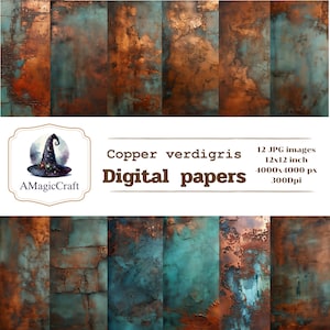 Może przedstawiać: Dwunastu cyfrowych papierów z fakturą miedzi i patyny. Papiery mają rozmiar 12x12 cali i rozdzielczość 4000x4000 pikseli przy 300dpi.