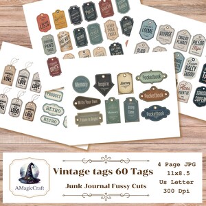Etichette vintage Fussy Cuts - 60 etichette (stampabili) 4 pagine JPG formato lettera USA 11x8,5 Confezione di carta stampabile, album, collage, progetto artigianale