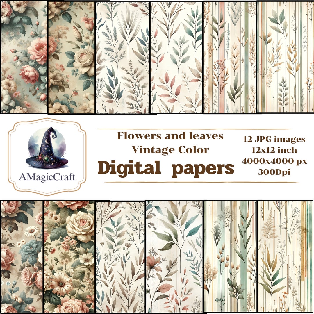 Flowers and Leaves Vintage Color Digital Paper 12 JPG Images 12 Inches ...