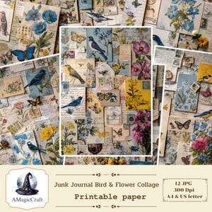 Vintage Botanical Bliss: Junk Journal Bird & Flower Collage Digital Paper Pack - 12 Printable A4 and US letter size