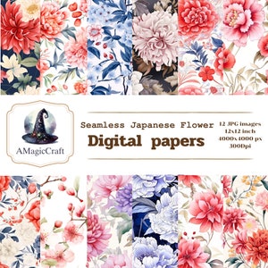 May include: A set of 12 digital papers featuring seamless patterns of Japanese flowers in various colors, including pink, red, blue, and white. The papers are 12x12 inches and 300dpi.