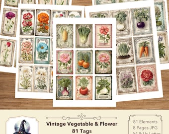 Garden Delights: Vintage Vegetable & Flower 81 Tags Junk Journal Fussy Cuts (Digital Download)