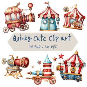 May include: A set of 24 digital clipart images featuring whimsical, cartoon-style circus and carnival elements. The images include a red and gold steam-powered train, a blue and white striped tent, a red and white striped cannon, and a red and white striped carousel. The images are perfect for adding a touch of whimsy to your digital projects.