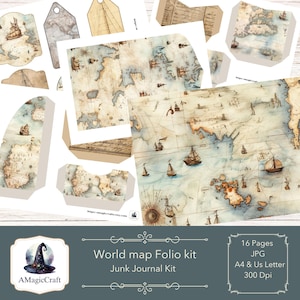 Vintage World Map Folio Kit: Junk Journal Ephemera (Digital Download, A4/US Letter Size)