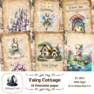 Può includere: Una collezione di 15 carte stampabili a tema cottage delle fate. Le carte presentano illustrazioni ad acquerello di fate, castelli e cottage. Il testo sulle carte include "Enchantment", "A Secret Doors", "Once upon a time" e "Fairy Cottage". Formato A4.
