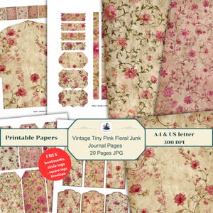 May include: A collection of printable papers with a vintage floral design. The papers feature a beige background with pink flowers and green leaves. Includes journal pages, tags, and an envelope. The text on the image says "Printable Papers" and "Vintage Tiny Pink Floral Junk Journal Pages".