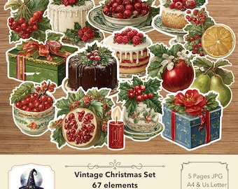 Puede incluir: Una colección de pegatinas digitales con ilustraciones navideñas que incluyen pasteles, bayas, cajas de regalo, una vela y frutas. El texto dice: Vintage Christmas Set, 67 elements, Junk Journal fussy cut, 5 Pages JPG, A4 & Us Letter, 300 Dpi.