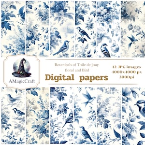 Botanicals of Toile de Jouy, fleurs bleues et oiseaux, papier numérique 12 images JPG, paquet de papier, papier de scrapbooking, papier décoratif