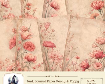 May include: A collection of printable paper sheets featuring watercolor illustrations of pink peonies and poppies. The papers have a vintage, aged appearance with a beige background. The text on the image reads "Junk Journal Paper Peony & Poppy" and "Printable paper".