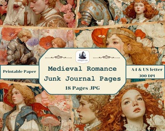 Medieval Romance Junk Journal Pages Kit 18 pages (Digital Download A4/US Letter Size)
