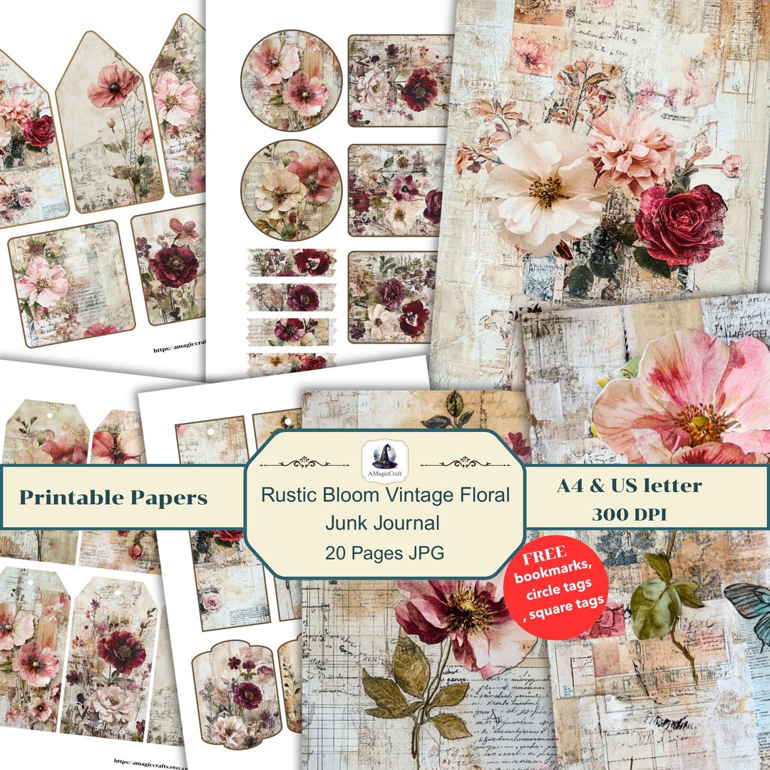 Rustic Bloom Vintage Floral Junk Journal Pages Botanical Background (A4 ...
