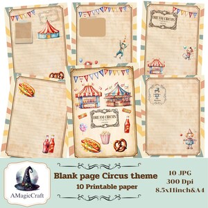 May include: Set of printable circus-themed blank pages with a vintage aesthetic. Each page features illustrations of circus tents, food, and performers, with lined paper and decorative borders. Includes text: "Dream Circus" and "Blank page Circus theme".