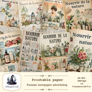Druckbare Papier Pariser Zeitungswerbung zum Dekorieren Ihrer Lieblingsbücher.Verfügbar in A4-Größen 20 JPG.