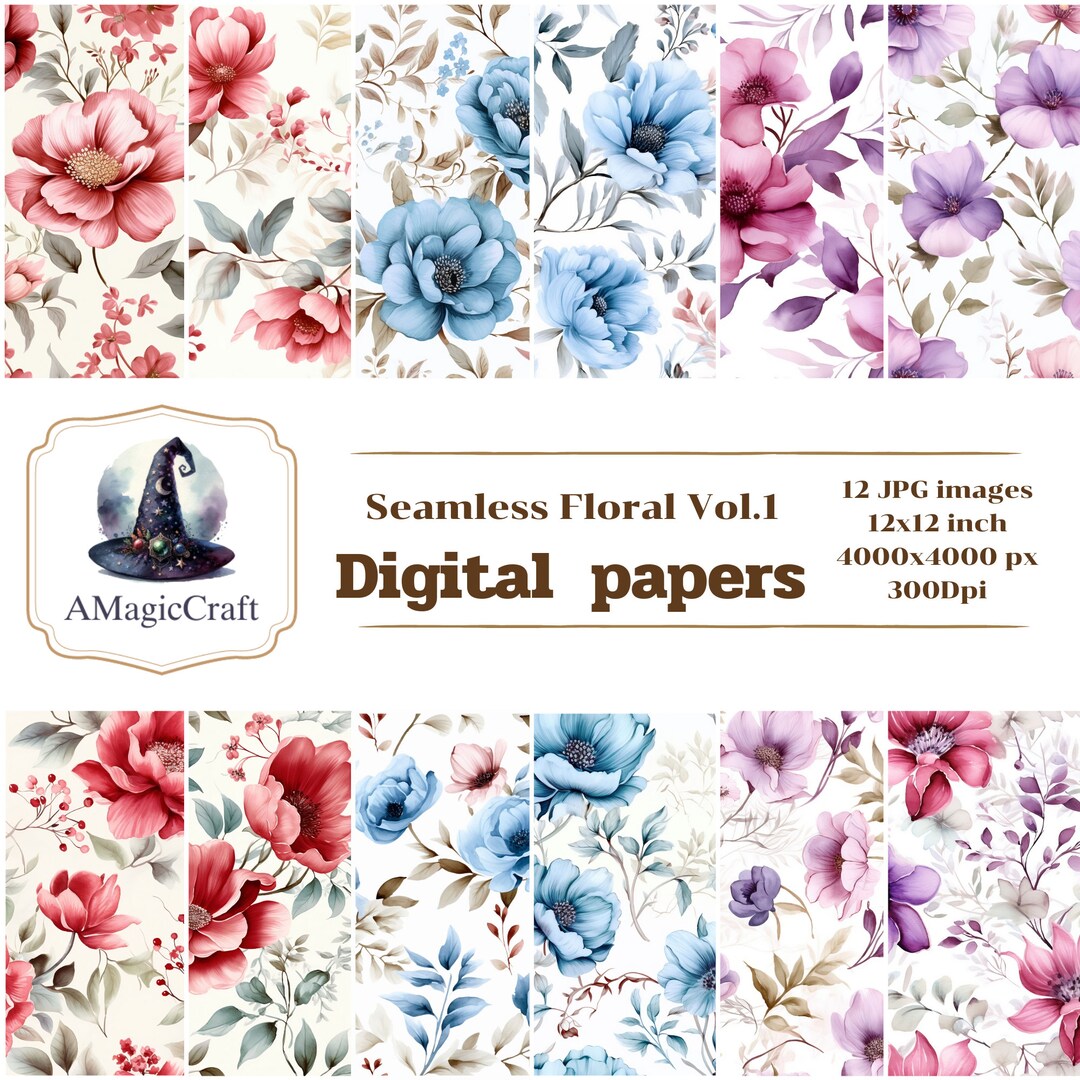SEAMLESS Floral Digital Paper 12 JPG Images,paper Pack,scrapbook Paper ...