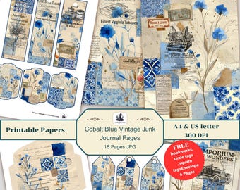 May include: A collection of printable junk journal pages featuring cobalt blue floral illustrations, vintage typography, typewriter graphics, and decorative tile patterns on aged paper textures, including bookmarks, tags, and envelope templates.