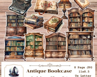 May include: A collection of die-cut stickers featuring antique bookcases, vintage books, a typewriter, and a table lamp. The text reads: Antique Bookcase, Junk Journal Fussy Cuts, 8 Page JPG, 11x8.5, Us Letter, 300 Dpi, and AMagicCraft with a witch hat icon.