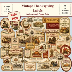 Op de afbeelding: Een verzameling van meer dan 130 Thanksgiving-labels in vintage-stijl en junk journal-knipsels. De set bevat diverse rechthoekige, ronde en ovale papieren labels met illustraties van kalkoenen, pompoenen, hoorns des overvloeds en oogsttaferelen, beschikbaar in A4 en 21,6x27,9 cm formaten.