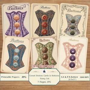 May include: A collection of printable cards featuring corset designs with decorative buttons. Each card showcases a different corset style in various colors, including purple, blue, and green. The cards are labeled "Buttons" and include the text "Printable Papers JPG".