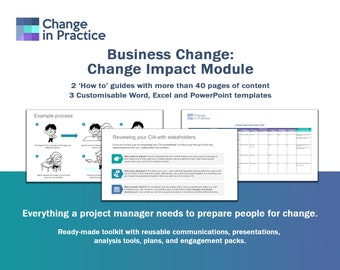 Può includere: Una grafica blu e verde con il testo "Change in Practice" e il titolo "Business Change: Change Impact Module". La grafica include un'illustrazione di un processo con frecce e bolle di testo in stile cartone animato. Il testo sotto la grafica dice "2 guide 'How to' con oltre 40 pagine di contenuti 3 modelli personalizzabili di Word, Excel e PowerPoint". Il testo in fondo alla grafica dice "Tutto ciò di cui un project manager ha bisogno per preparare le persone al cambiamento. Toolkit pronto all'uso con comunicazioni, presentazioni, strumenti di analisi, piani e pacchetti di coinvolgimento riutilizzabili."