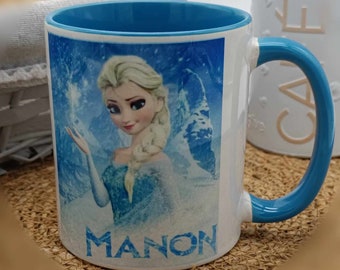 Colorful blue Elsa Frozen mug with personalized first name