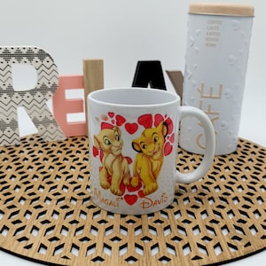 Taza personalizada del Rey León 2 nombres, taza de dibujos animados, taza de cumpleaños, taza de Simba y Nala, taza de nombre, regalo de amigo hermano, regalo de niño