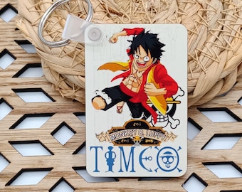 Porte clé Luffy One Piece prénom personnalisé modèle bois rectangle, porte clé prénoms, porte clé photo recto verso, porte clé manga