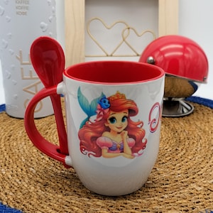 TAZA con cuchara La Sirenita personalizada con nombre, taza de dibujos animados, taza de cumpleaños, taza con nombre, regalo para amigo hermano, regalo para niño