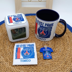 Nome del pacchetto regalo PSG Football personalizzato, tazza sveglia e portachiavi personalizzati con cinturino da polso PSG, tazza con nome PSG, sveglia con nome PSG
