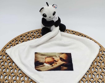 Doudou personnalisé prénom et photo, Doudou peluche bébé, doudou enfant personnalisable, cadeau de naissance, panda, Ourson, Eléphant