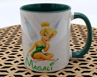 Colorful green Tinker Bell mug with personalized first name