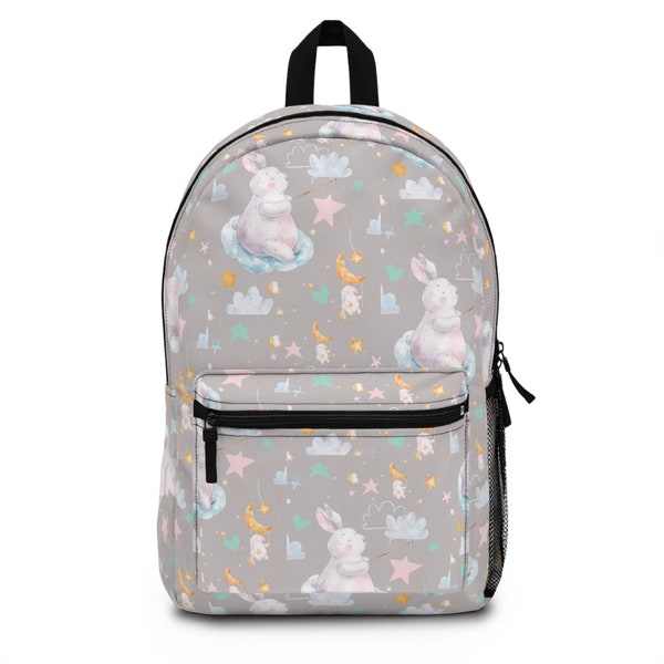 Grey Rabbit Backpack for New Moms, Nursery Bag, Animal Print Backpack, Fun Soft Colors, Pre school Bag