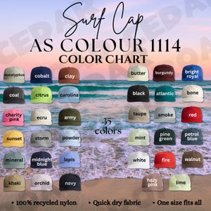 Gorra de surf, carta de colores AS Colour 1114, maqueta de descarga digital, los 35 colores, tabla POD para gorras, ayuda para listados, tiendas de gorras Snapback.