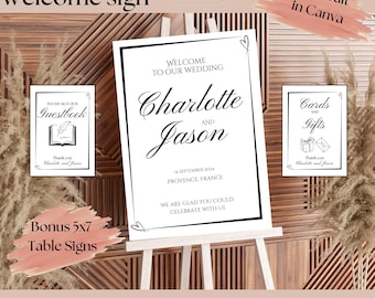 May include: A customizable wedding welcome sign with black text on a white background. The sign says "Welcome to our wedding, Charlotte and Jason, 14 September 2024, Provence, France. We are glad you could celebrate with us". The sign is on an easel and there are two smaller signs on either side. The sign on the left says "Please sign our guestbook" and the sign on the right says "Cards and Gifts".