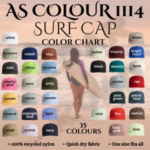 Gorra de surf nueva, carta de colores AS Colour 1114, maqueta de descarga digital, los 35 colores, tabla POD para gorras, ayuda para listados, tiendas de gorras Snapback.