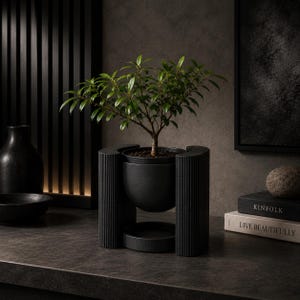 May include: A small green leafy plant potted in a matte black spherical container. The pot is suspended within a structured black stand featuring vertical ribbed detailing on two side pillars and a circular base tray underneath the main vessel.