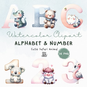 Watercolor Clipart Alphabet & Number Cute Safari Animal Bundle, PNG Transparent Background, DIY Sublimations, nursery decor, baby Shower
