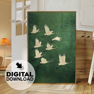 Fliegen Kraniche Wandkunst - Japandi Stil Vintage Grün & Weiß Vogel Druck, eleganter digitaler Download für Wohnkultur, Naturliebhaber!