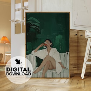 Abstrakte Menschen, Smaragdgrün, Weinliebhaber, zeitgenössisches Kunstwerk, minimalistischer Druck, große Wandkunst, Wohnzimmerwandkunst! DIGITAL DOWNLOAD!